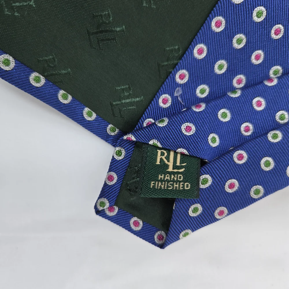 Lauren Ralph Lauren Blue White Red Green Polka Dot Hand Finished Career Silk Tie